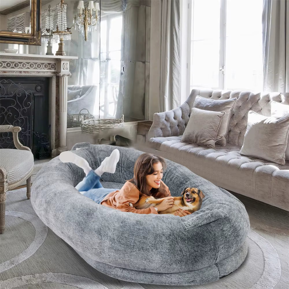 Luxury Large Human Sized Dog Bed Giant Soft Fur Beanbag Calming Mattress Thermal Pet Dog Napping Bed with Cozy Blanket Washable