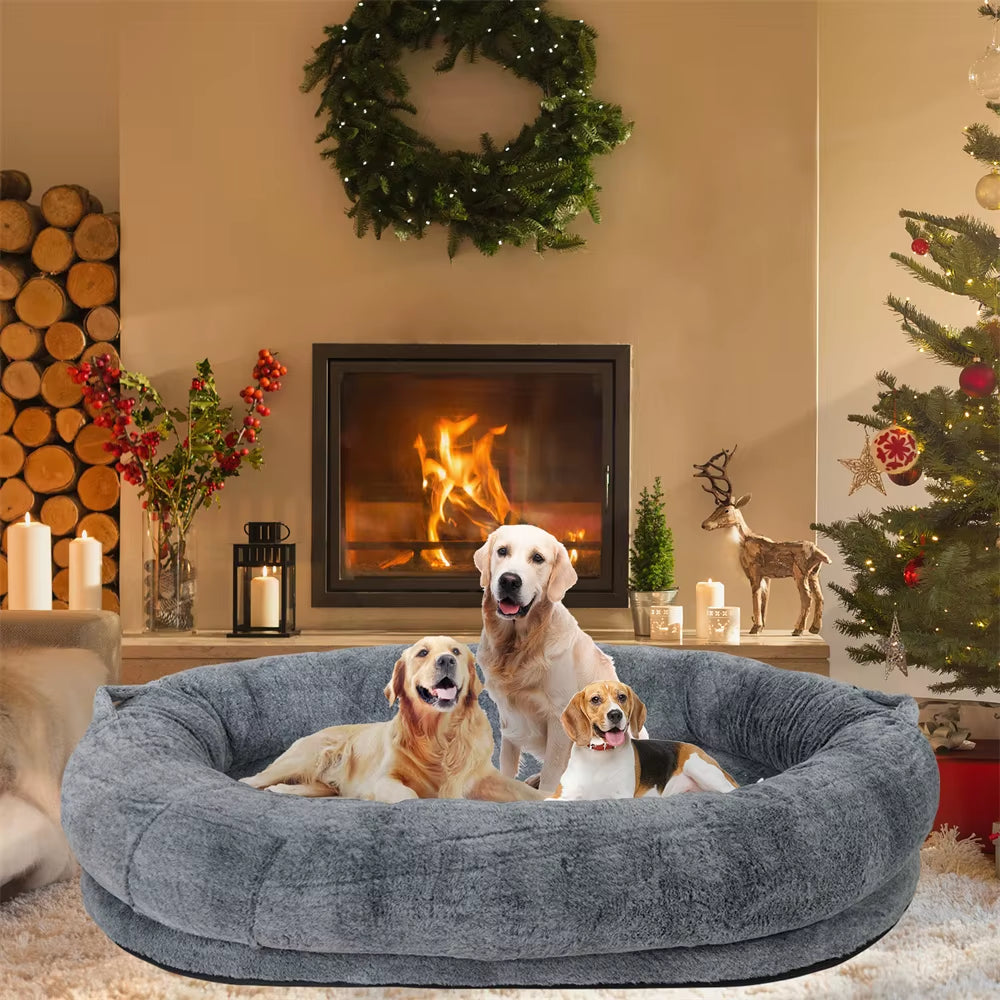 Luxury Large Human Sized Dog Bed Giant Soft Fur Beanbag Calming Mattress Thermal Pet Dog Napping Bed with Cozy Blanket Washable