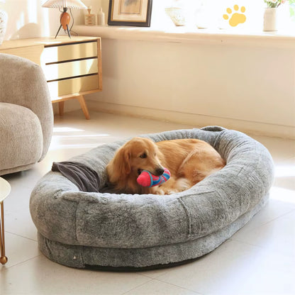 Luxury Large Human Sized Dog Bed Giant Soft Fur Beanbag Calming Mattress Thermal Pet Dog Napping Bed with Cozy Blanket Washable