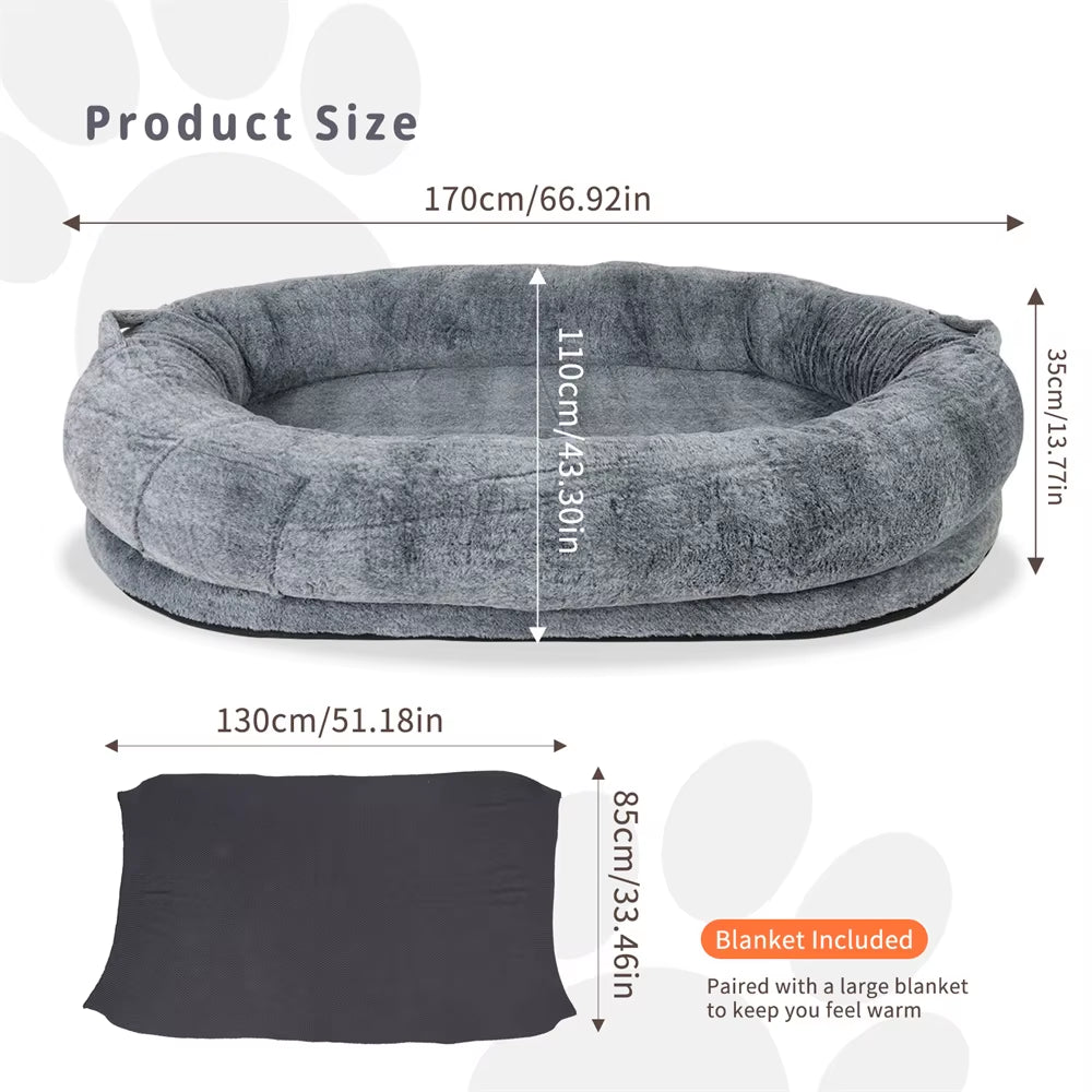 Luxury Large Human Sized Dog Bed Giant Soft Fur Beanbag Calming Mattress Thermal Pet Dog Napping Bed with Cozy Blanket Washable